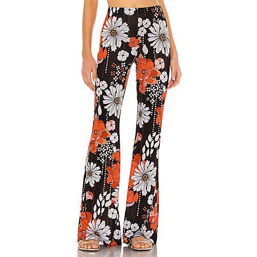 

Women's Basic Boho Comfort Beach Weekend Bootcut Pants Flower / Floral Color Block Full Length Elastic Waist Print Black