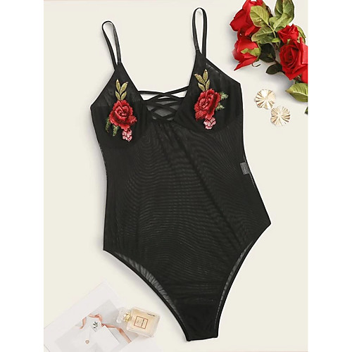 

Women's Layered Lace Hole Sexy Bodysuits Nightwear Floral Solid Colored Embroidered Bra Black XS S M