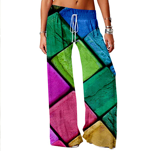 

Women's Basic Soft Comfort Daily Home Chinos Pants Geometric Pattern Color Block Full Length Elastic Drawstring Design Print Blue Red Green