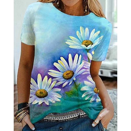 

Women's 3D Printed Daisy T shirt Floral Daisy Print Round Neck Basic Tops Green