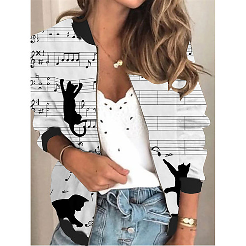 

Women's Jacket Daily Fall Spring Regular Coat V Neck Regular Fit Sporty Casual Jacket Long Sleeve Striped Print White / Holiday