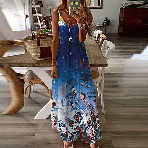 

2021 european and american summer blue long skirt printed sling long sleeve temperament commuter mid-waist dress