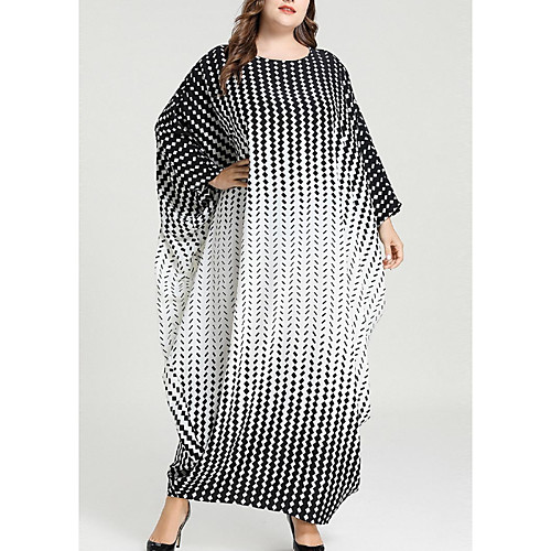 

Women's Kaftan Dress Maxi long Dress Black Long Sleeve Print Solid Color Geometric Patchwork Summer Round Neck Casual Batwing Sleeve Loose 2021 One-Size