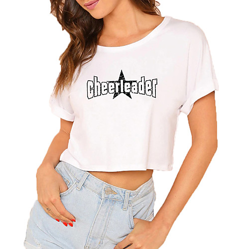 

Women's Crop Tshirt Graphic Letter Print Round Neck Tops 100% Cotton Basic Basic Top White Black