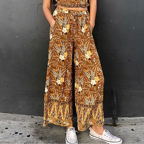 

Women's Chino Boho Comfort Casual Weekend Bootcut Pants Floral Graphic Full Length Elastic Waist Print Brown