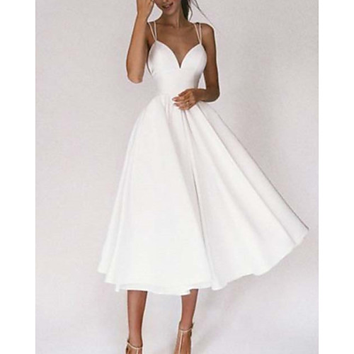 

A-Line Wedding Dresses Sweetheart Neckline Tea Length Chiffon Sleeveless Simple Vintage Little White Dress Backless with Pleats 2021