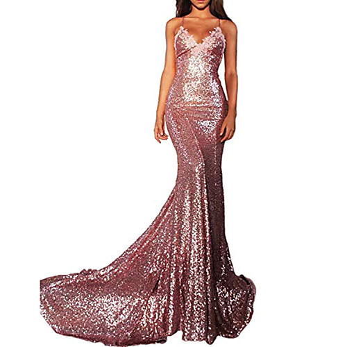 

Mermaid / Trumpet Glittering Sexy Prom Formal Evening Dress V Neck Sleeveless Sweep / Brush Train Sequined with Sequin 2021