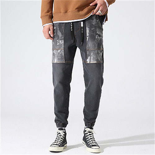 

Men's Chino Jeans Pants Patchwork Letter Ankle-Length Black Blue