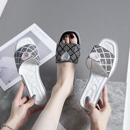 

Women's Sandals Flat Heel Round Toe PU Rhinestone Solid Colored White Black