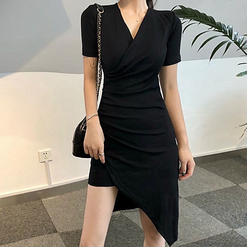 

Sheath / Column Minimalist bodycon Homecoming Cocktail Party Dress V Neck Short Sleeve Asymmetrical Cotton with Ruched 2021