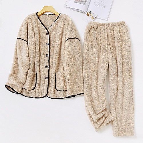 

Women's Suits Pajamas Sets Solid Colored Polyester Casual Shirt Pant Deep V Daily Daily Wear Long Sleeve