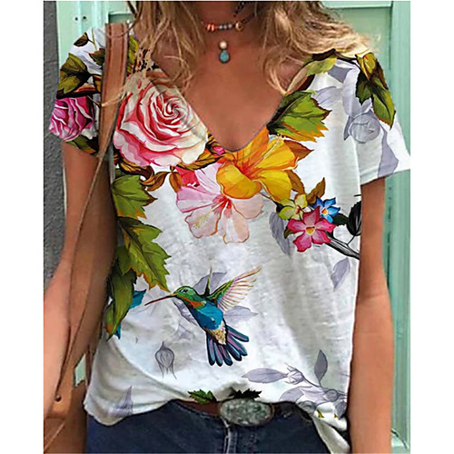 

Women's T shirt Flower Round Neck Tops Basic Basic Top White