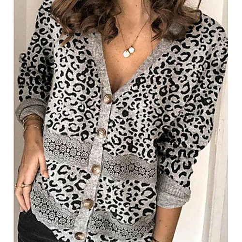 

Women's Stylish Basic Knitted Leopard Cardigan Cotton Long Sleeve Sweater Cardigans V Neck Fall Spring Black