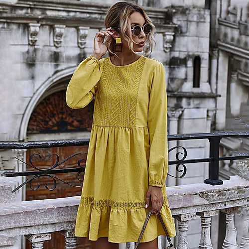 

2020 european and american autumn and winter new hollow lace stitching lotus leaf round neck long-sleeved large swing dress amazon spot