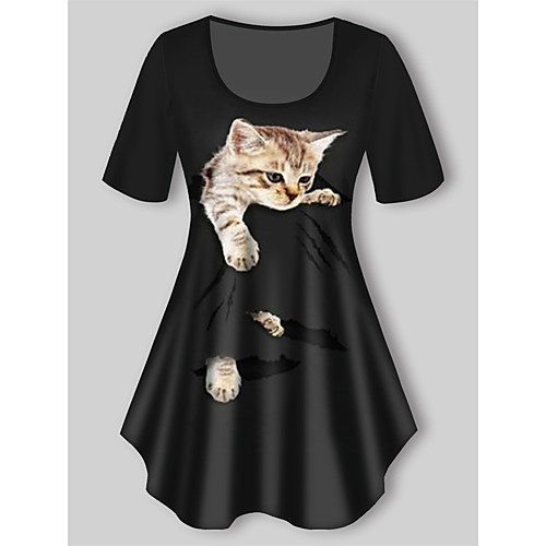 

Women's Plus Size Tops T shirt Cat Graphic Print Short Sleeve Crewneck Basic Black Big Size XL XXL 3XL 4XL 5XL / Holiday