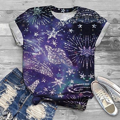 

Women's Plus Size Tops T shirt Galaxy Graphic Print Short Sleeve Crewneck Basic Purple Big Size XL XXL 3XL 4XL 5XL / Holiday
