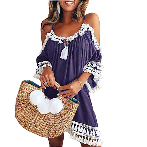 

2018 women's dress wish amazon hot summer halter neck tassel pure color off-shoulder jumpsuit skirt