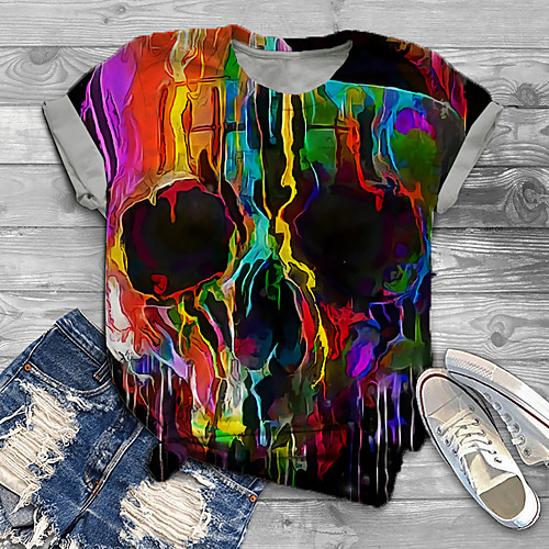 

Women's Plus Size Tops T shirt Graphic Skull Print Short Sleeve Crewneck Basic Rainbow Big Size XL XXL 3XL 4XL 5XL / Holiday