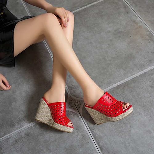 

Women's Sandals Heeled Mules Wedge Heel Peep Toe PU Synthetics Red