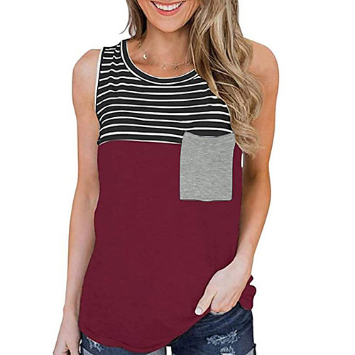 

Women's Blouse Striped Pocket Print Round Neck Tops White Black Blue