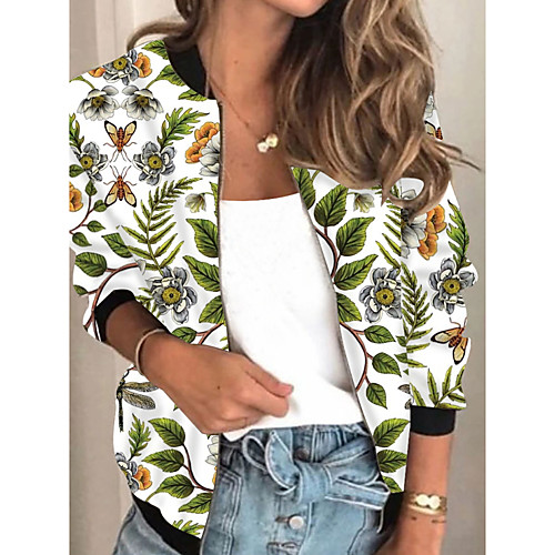 

Women's Jacket Daily Fall Spring Regular Coat Regular Fit Casual Jacket Long Sleeve Plants Print Green