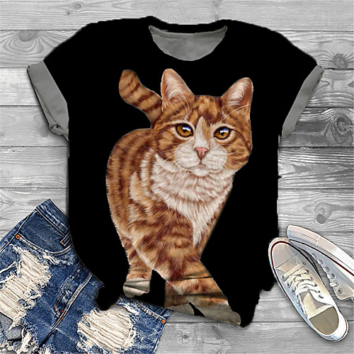 

Women's Plus Size Tops T shirt Cat Graphic Animal Print Short Sleeve Crewneck Basic Black Big Size XL XXL 3XL 4XL 5XL / Holiday