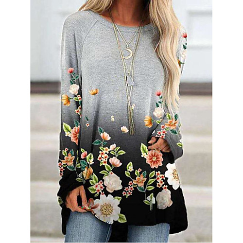 

2020 european and american cross-border wish amazon autumn and winter gradient flower print long-sleeved retro women's top