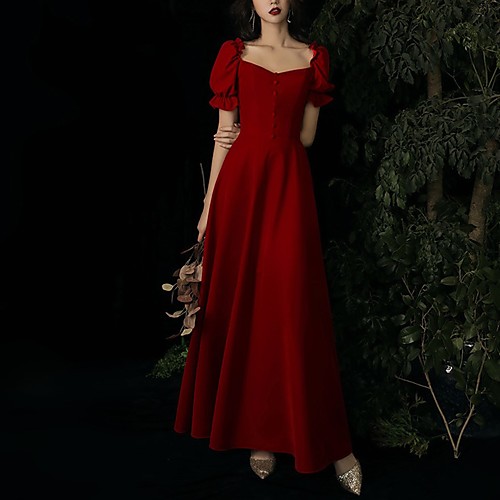 

A-Line Elegant Vintage Wedding Guest Formal Evening Dress Scoop Neck Short Sleeve Ankle Length Satin with Buttons 2021