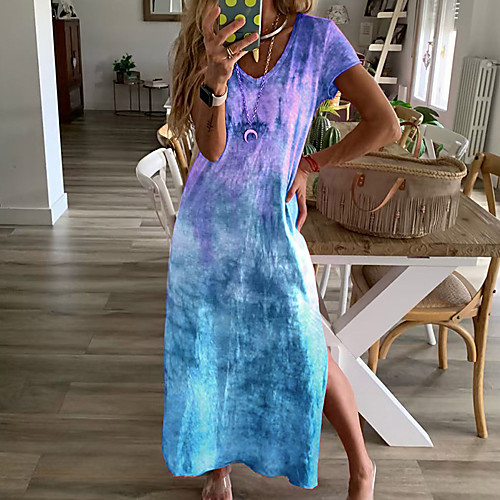 

Women's Shift Dress Maxi long Dress Blue Green Red Short Sleeve Tie Dye Split Spring Summer Round Neck Elegant Casual Holiday 2021 S M L XL