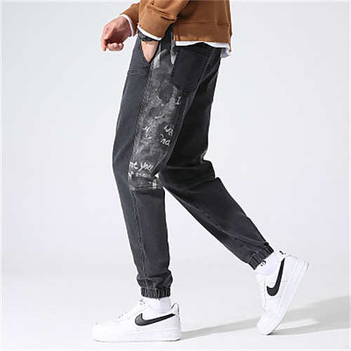 

Men's Chino Jeans Pants Patchwork Ankle-Length Black Blue