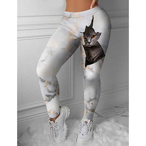 

Women's Sporty Fashion Comfort Skinny Leisure Sports Weekend Leggings Pants 3D Print Cat Ankle-Length Sporty Elastic Waist Print White