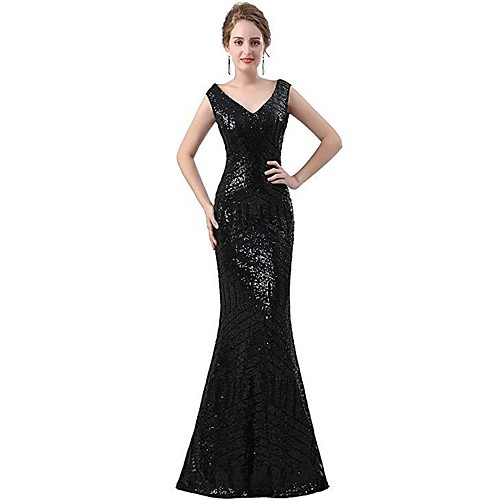 

Mermaid / Trumpet Glittering Sexy Wedding Guest Prom Dress V Neck Sleeveless Floor Length Sequined with Sequin 2021