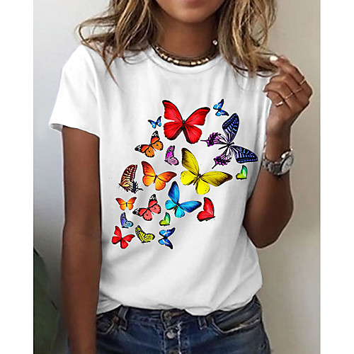 

Women's Butterfly Painting T shirt Graphic Butterfly Print Round Neck Basic Tops White Black