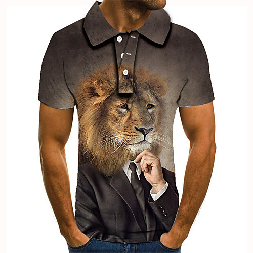 

Men's Golf Shirt Tennis Shirt 3D Print Graphic Prints Lion Human Button-Down Short Sleeve Street Tops Casual Fashion Cool Brown / Sports