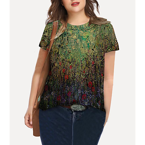 

Women's Plus Size Tops T shirt Floral Graphic Print Short Sleeve Crewneck Basic Green Big Size XL XXL 3XL 4XL 5XL / Holiday / Going out