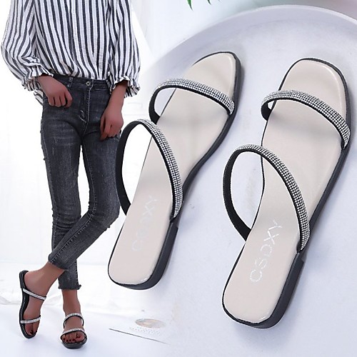 

Women's Sandals Flat Heel Round Toe PU Rhinestone Solid Colored White Black