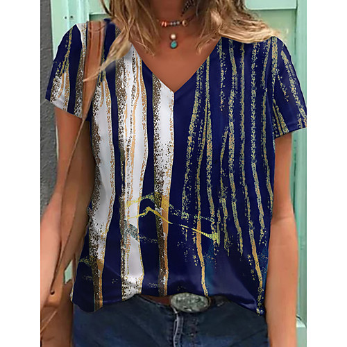 

Women's Abstract Geometric Painting T shirt Striped Color Block Print V Neck Basic Tops Royal Blue