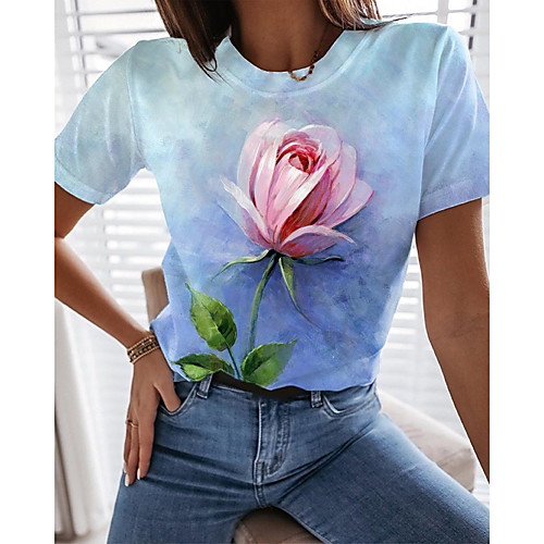 

Women's Floral Theme 3D Printed Painting T shirt Floral Graphic Print Round Neck Basic Tops Blue