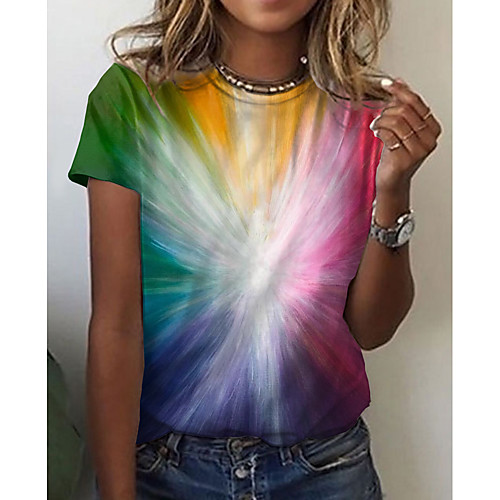 

Women's Abstract 3D Printed Geometric T shirt Color Block Print Round Neck Basic Tops Rainbow