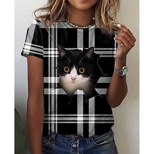 

Women's 3D Cat T shirt Cat Plaid 3D Print Round Neck Basic Tops Black