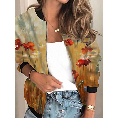 

Women's Jacket Daily Fall Spring Regular Coat Regular Fit Casual Jacket Long Sleeve Floral Print Yellow