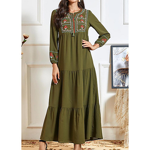 

Women's Kaftan Dress Maxi long Dress Army Green Long Sleeve Solid Color Embroidered Print Summer Round Neck Casual 2021 M L XL XXL 3XL 4XL
