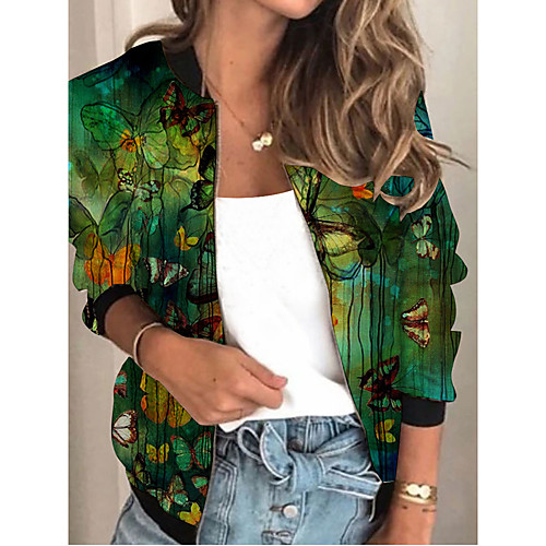

Women's Jacket Daily Fall Spring Regular Coat V Neck Regular Fit Sporty Casual Jacket Long Sleeve Print Print Green / Holiday