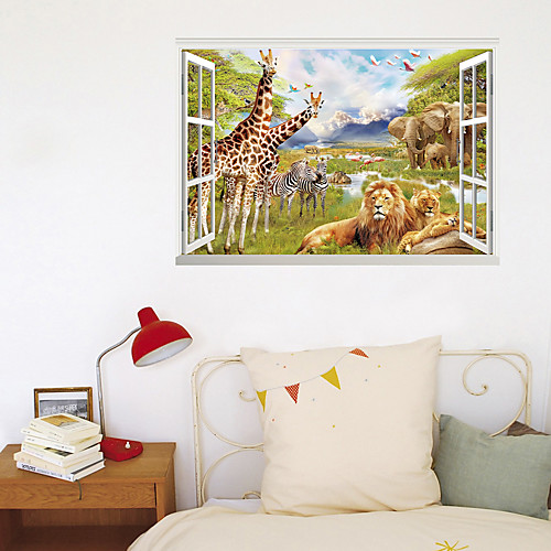 

3D Fake Window New Wall Paste Lion Elephant Animal World Home Corridor Background Decoration Can Be Removed Stickers