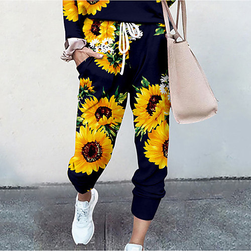 

Women's Basic Soft Comfort Daily Home Jogger Pants Flower / Floral Sunflower Full Length Elastic Drawstring Design Print Black Blue Red Yellow Blushing Pink