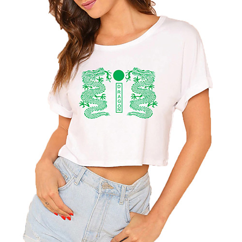 

Women's Crop Tshirt Dragon Graphic Print Round Neck Tops 100% Cotton Basic Basic Top White