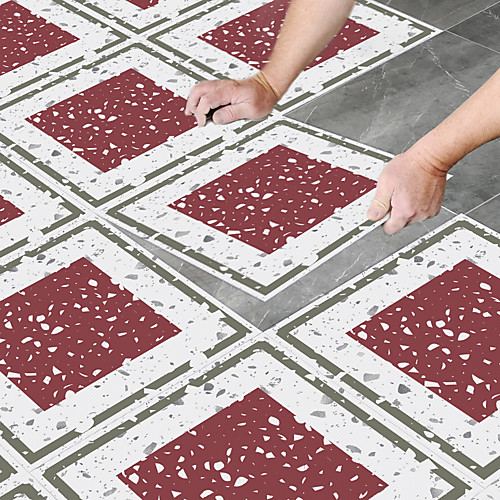 

8pcs Creative Kitchen Bathroom Living Room Floor Stickers Non-slip Waterproof Wear-resistant Cinnabar Red Terrazzo Floor Stickers