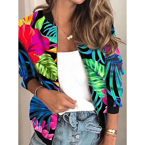 

Women's Jacket Daily Fall Spring Regular Coat Regular Fit Casual Jacket Long Sleeve Plants Print Blue Light Blue