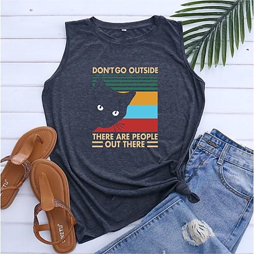 

Women's Holiday Tank Top Vest T shirt Cat Graphic Letter Print Round Neck Basic Tops Blue Purple Light gray / Going out