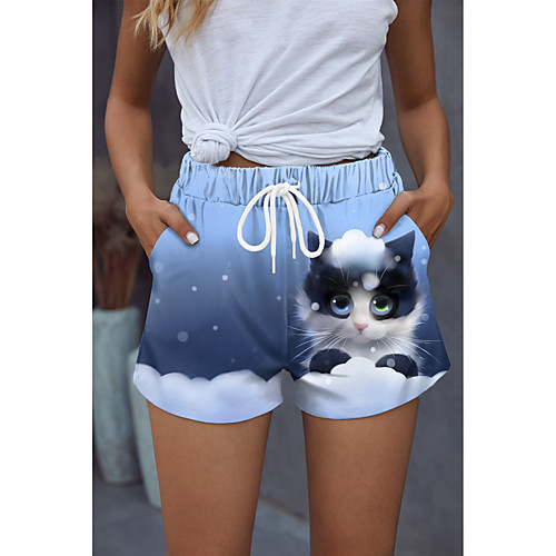 

Women's Stylish Basic Comfort Beach Weekend Active Pants Cat Colorful Short Sporty Elastic Drawstring Design Print Blue